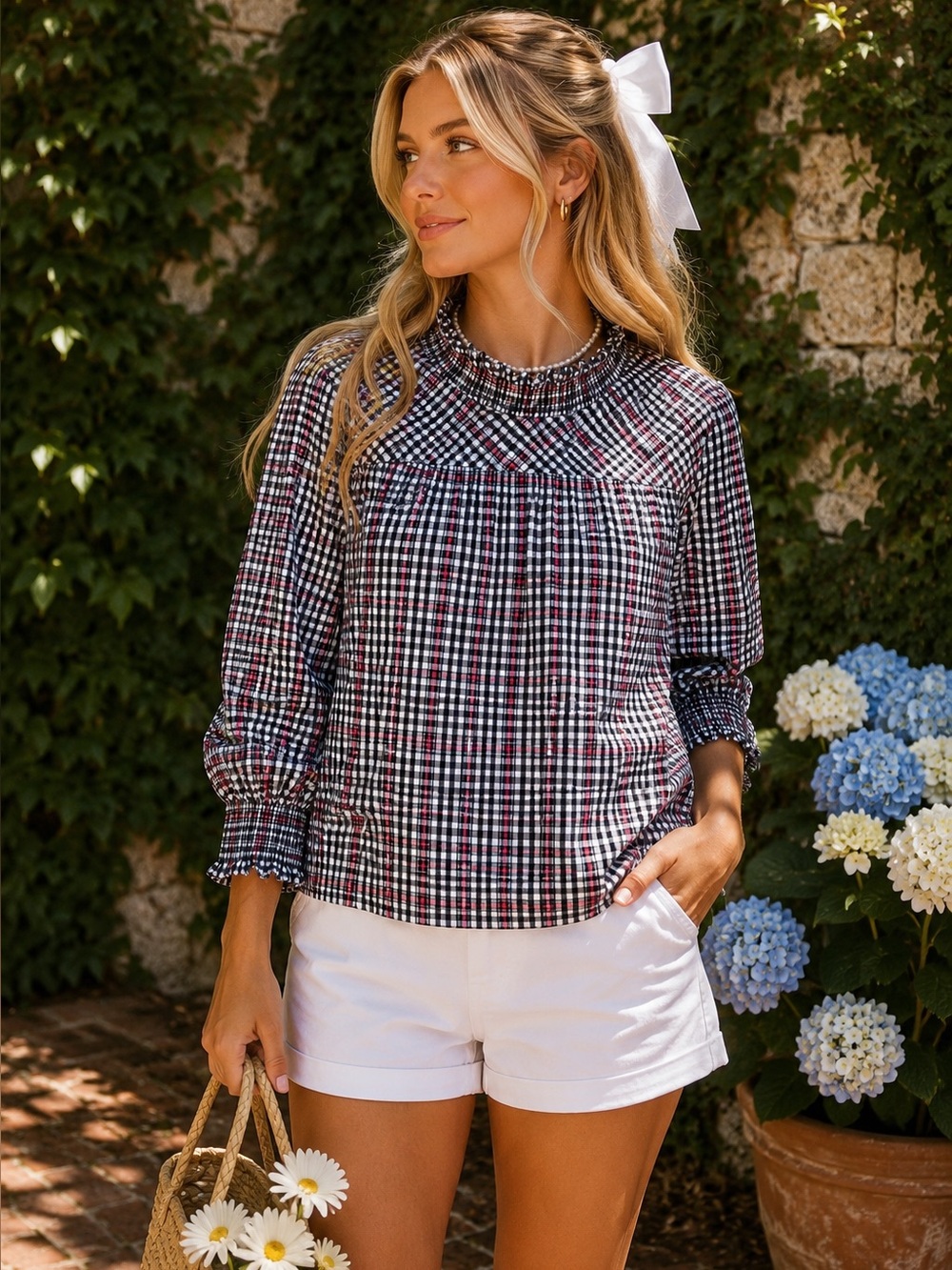 LOFT Black, White, and Pink Ruffle Collar Shirred Cuff Plaid Preppy Blouse, M
